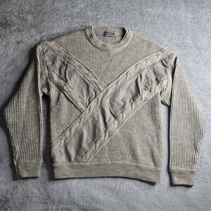 Vintage Saxony 3D Textured Genuine Leather Wool Blend Sweater Mens L Brown
